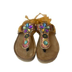 White Mountain Women's Sandals 9 Jewel Sequin Bling Boho Gold Ankle Wrap